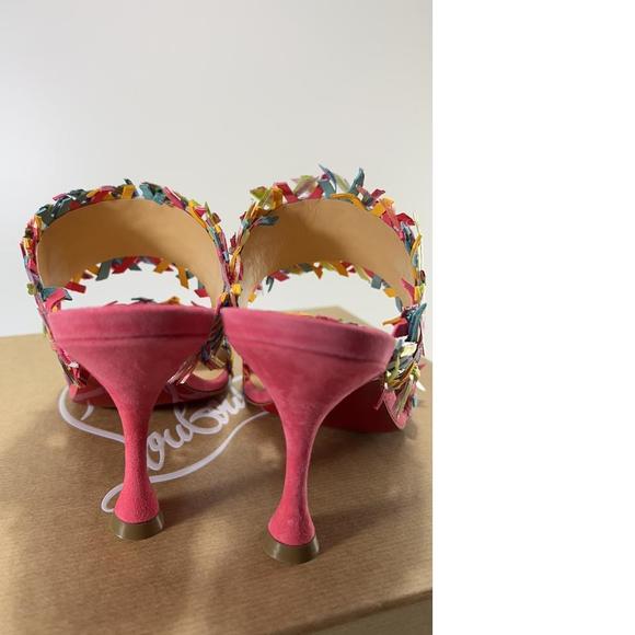 Meroine Pink Rainbow Woven 85mm raffia fringe heels mules D979 - Picture 4 of 11